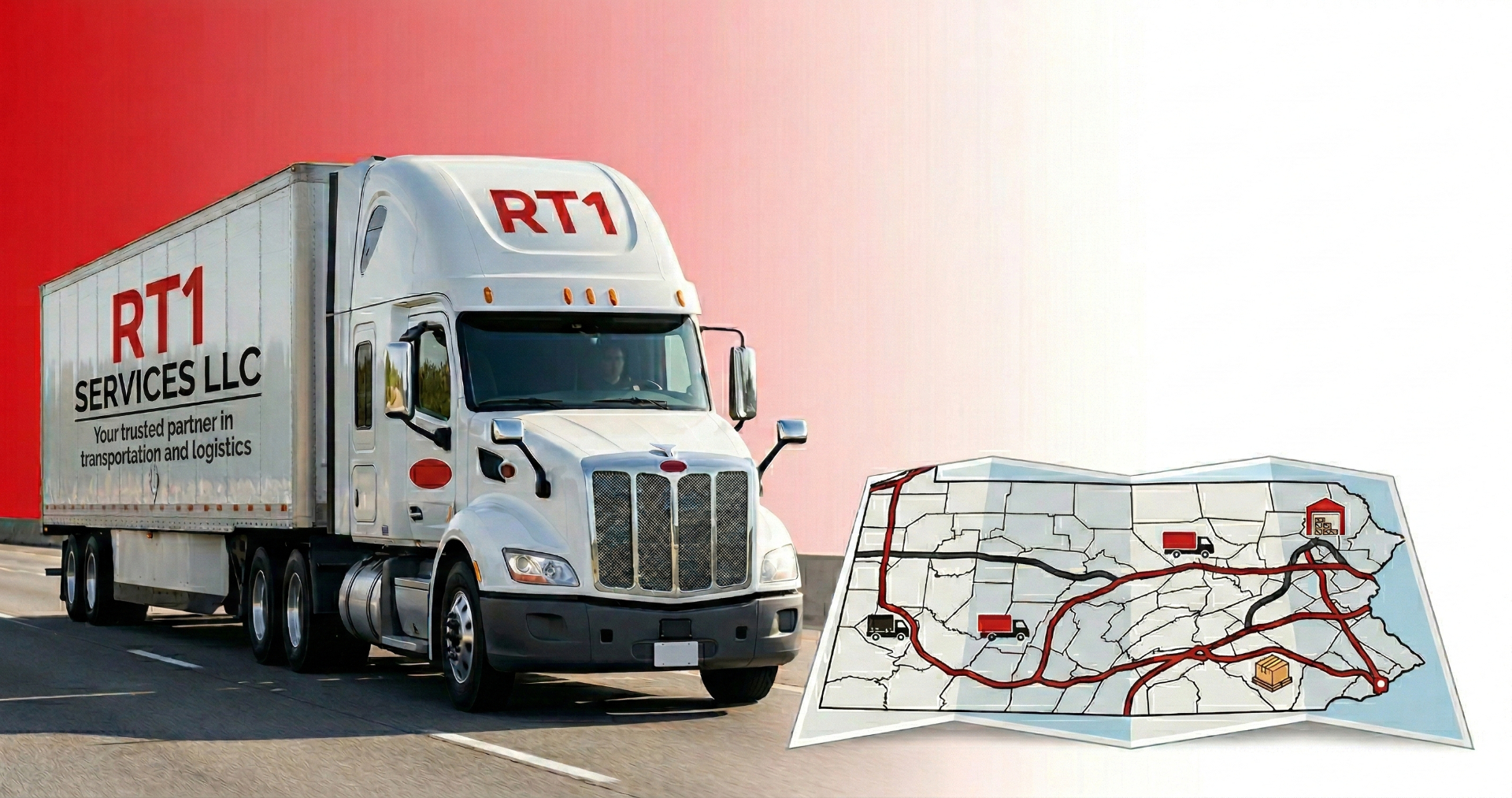 RT1 Services LLC operations yard with trucks, trailers and containers